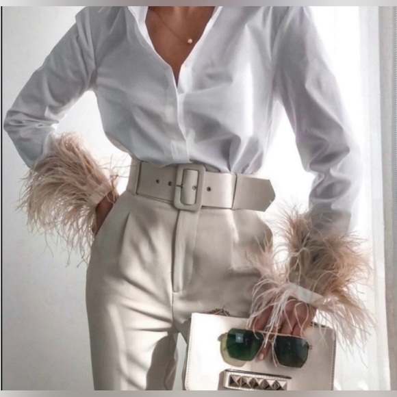 Zara ecru high waisted belted fabric pants blogger favorite - Picture 3 of 12